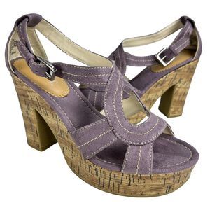 MixIt Strappy High Heel Shoes 6.5 Open Toe Cork 4” Heels Purple Suede 022-8051